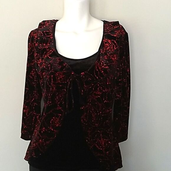 Notations Formal Black Velvet/Red Glitter Ruffled Overlay Blouse. Sz PM - Picture 1 of 9